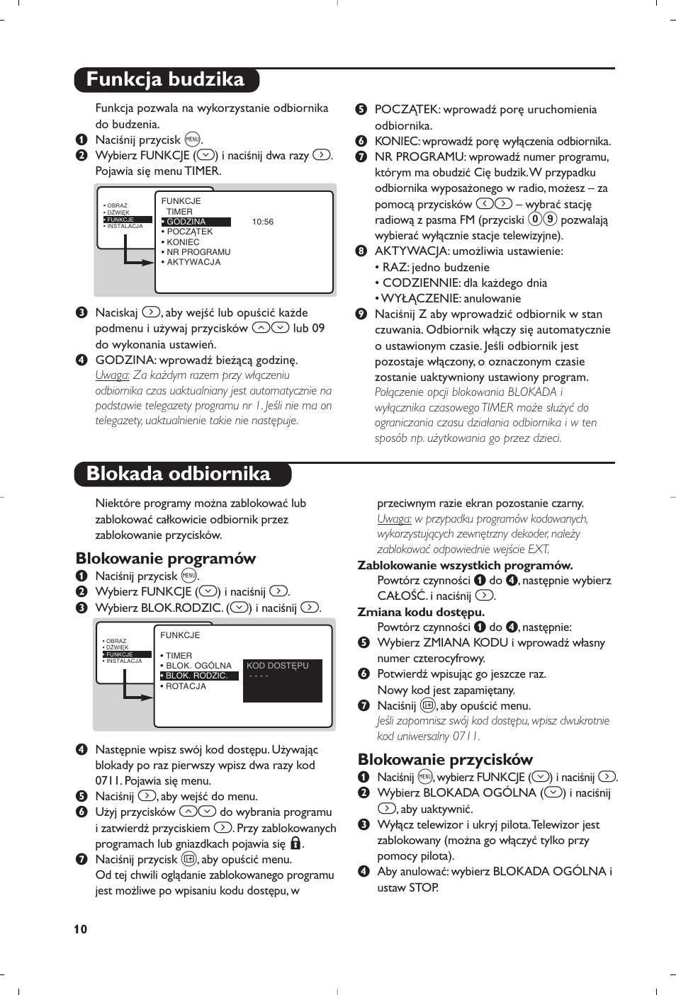 Funkcja budzika blokada odbiornika, Blokowanie programów, Blokowanie przycisków | Philips 23PF9945-37 User Manual | Page 74 / 128