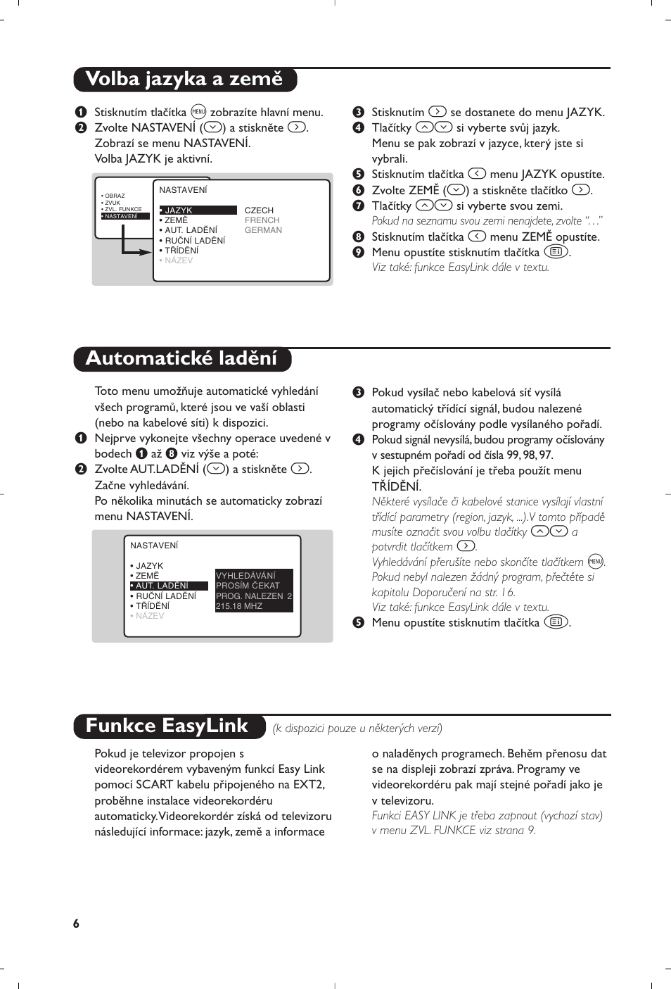 Volba jazyka a země automatické ladění, Funkce easylink | Philips 23PF9945-37 User Manual | Page 86 / 128