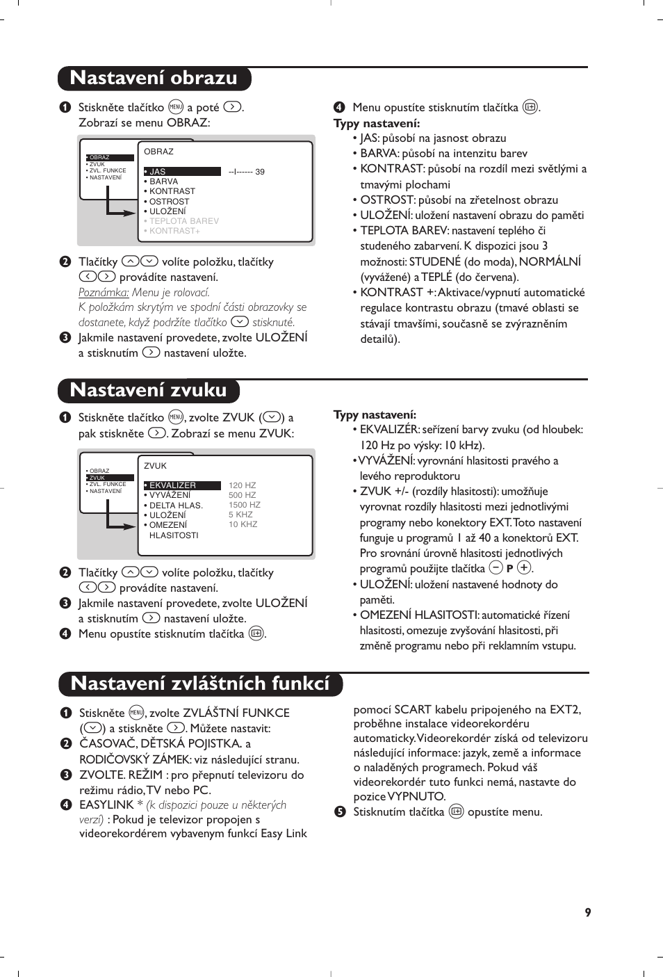 Nastavení obrazu nastavení zvuku, Nastavení zvláštních funkcí | Philips 23PF9945-37 User Manual | Page 89 / 128