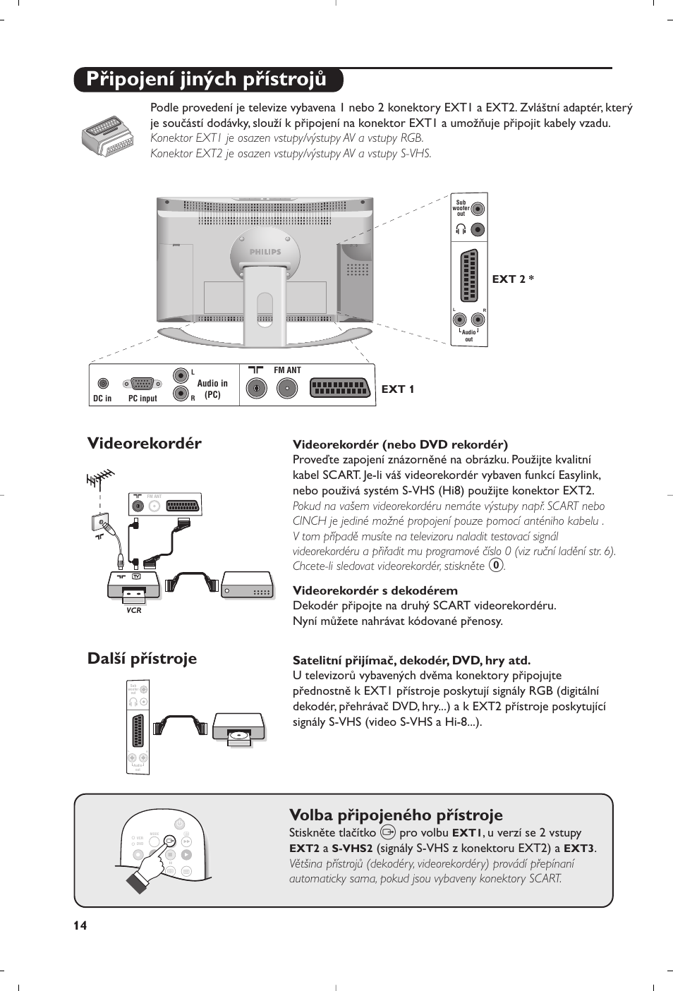 Připojení jiných přístrojů, Videorekordér, Volba připojeného přístroje | Další přístroje, Stiskněte tlačítko, Pro volbu, U verzí se 2 vstupy, Signály s-vhs z konektoru ext2) a | Philips 23PF9945-37 User Manual | Page 94 / 128