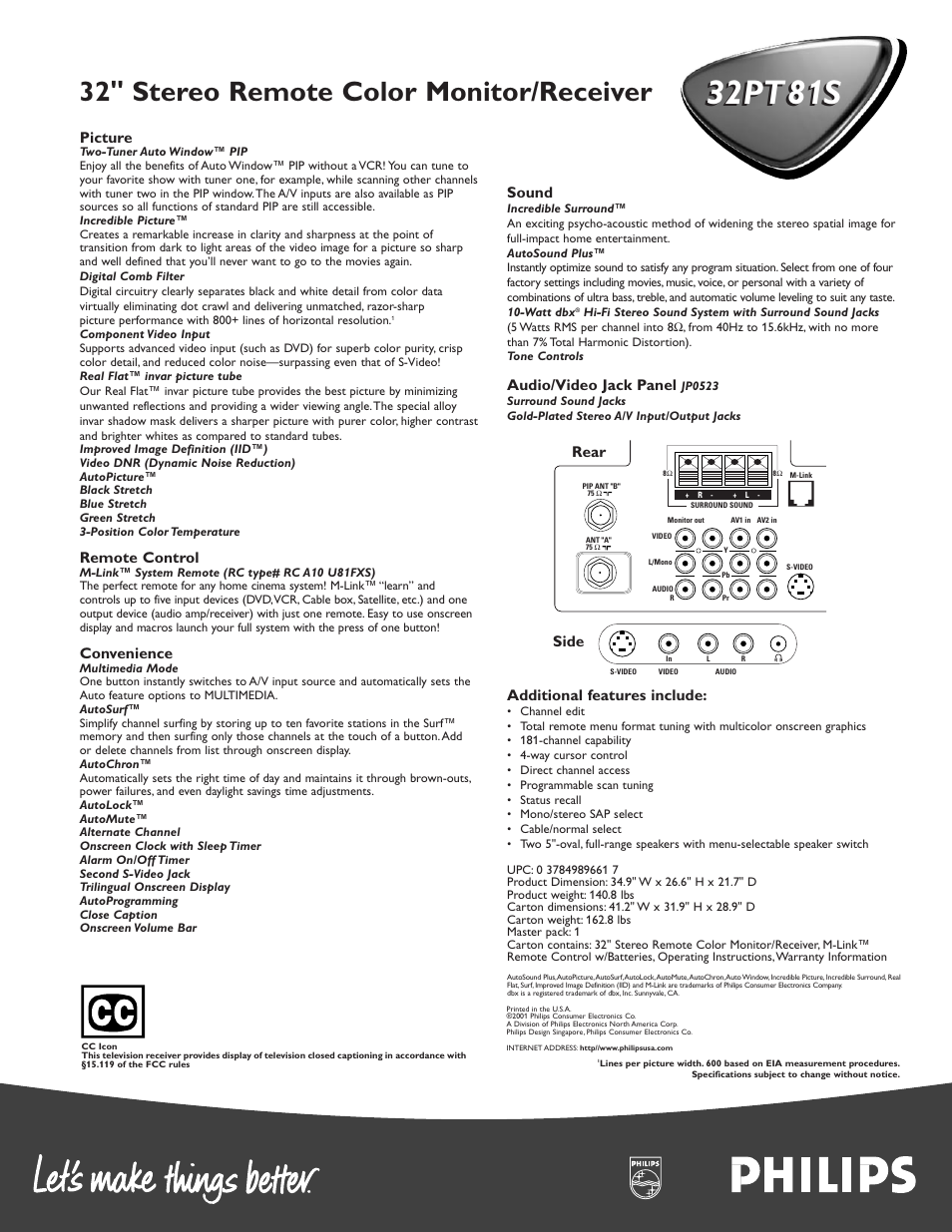32pt81s, 32" stereo remote color monitor/receiver, Picture | Remote control, Convenience, Sound, Audio/video jack panel, Additional features include, Rear side | Philips 32PT81S User Manual | Page 2 / 2