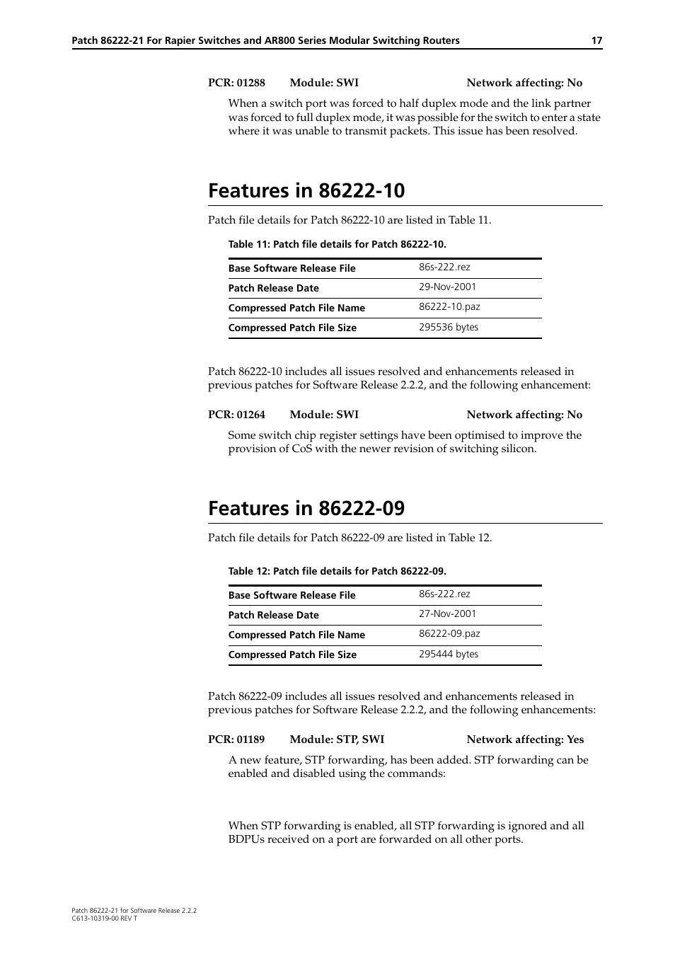 Features in 86222-10, Features in 86222-09 | Allied Telesis 86222-21 User Manual | Page 17 / 28