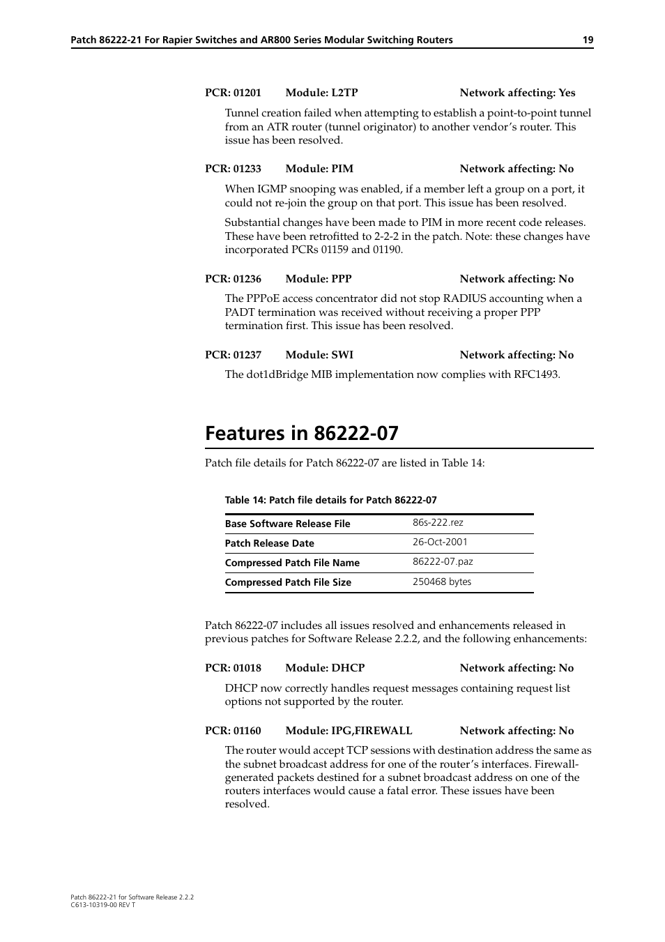 Features in 86222-07 | Allied Telesis 86222-21 User Manual | Page 19 / 28