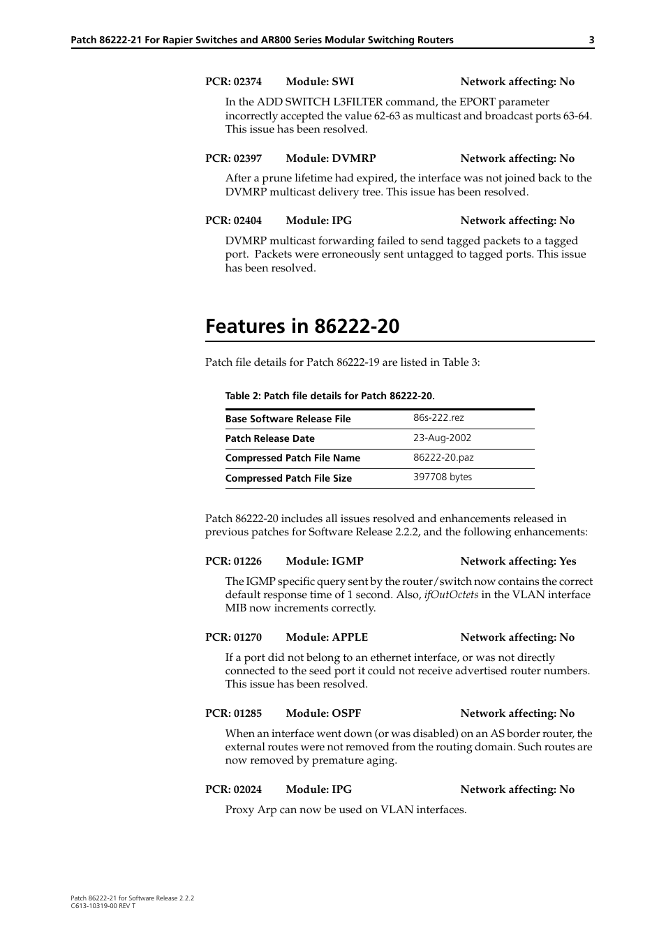 Features in 86222-20 | Allied Telesis 86222-21 User Manual | Page 3 / 28