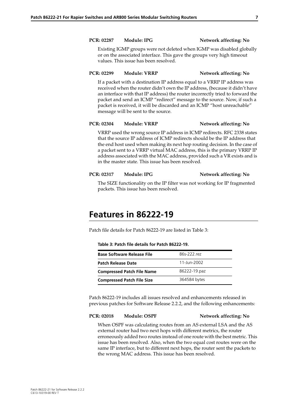 Features in 86222-19 | Allied Telesis 86222-21 User Manual | Page 7 / 28