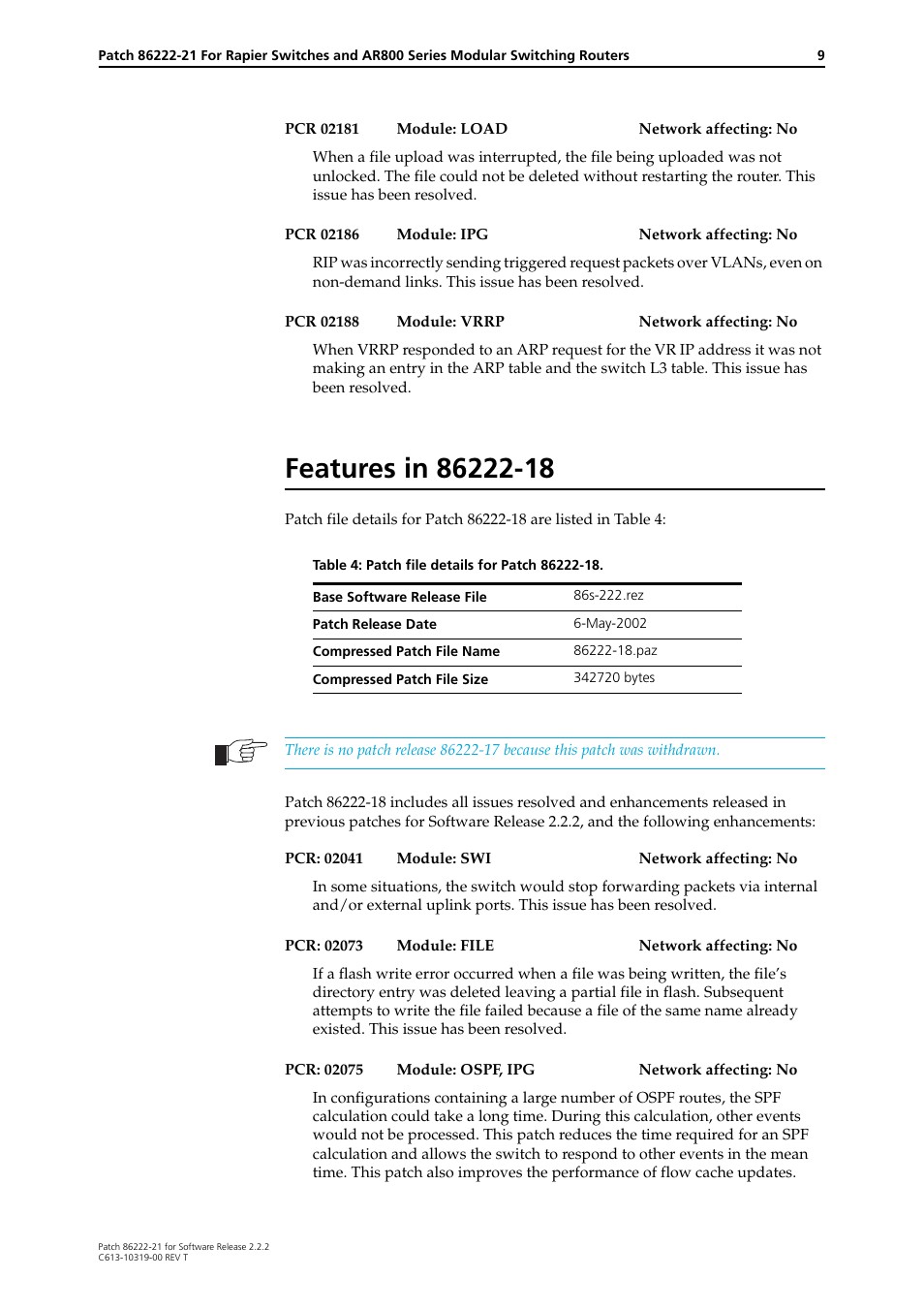 Features in 86222-18 | Allied Telesis 86222-21 User Manual | Page 9 / 28