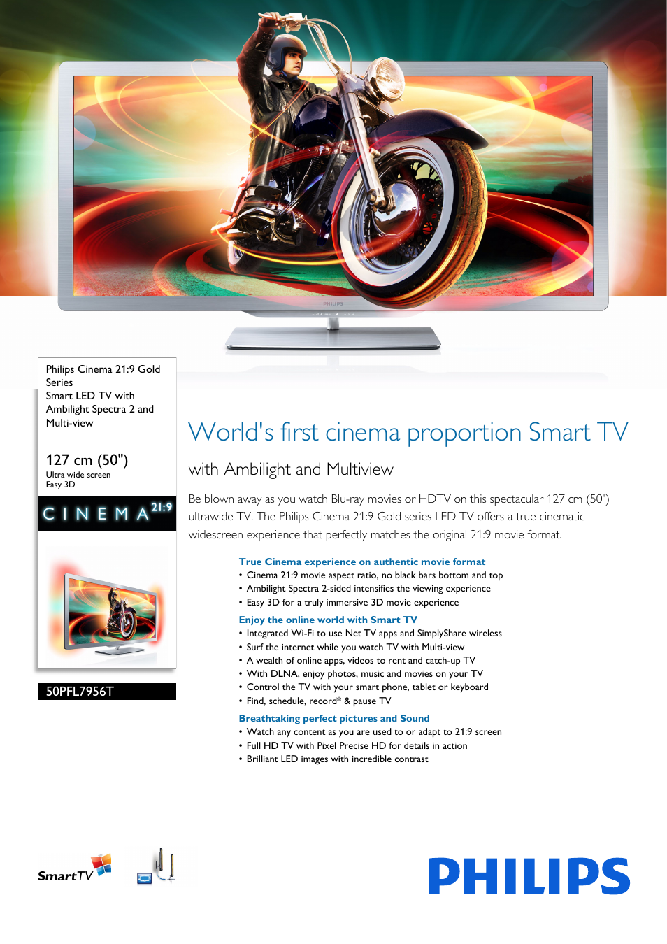 Philips Cinema 219 Gold Series Smart LED TV 50PFL7956T 127 cm 50" Ultra wide screen Easy 3D with Ambilight Spectra 2 and Multi-view User Manual | 3 pages