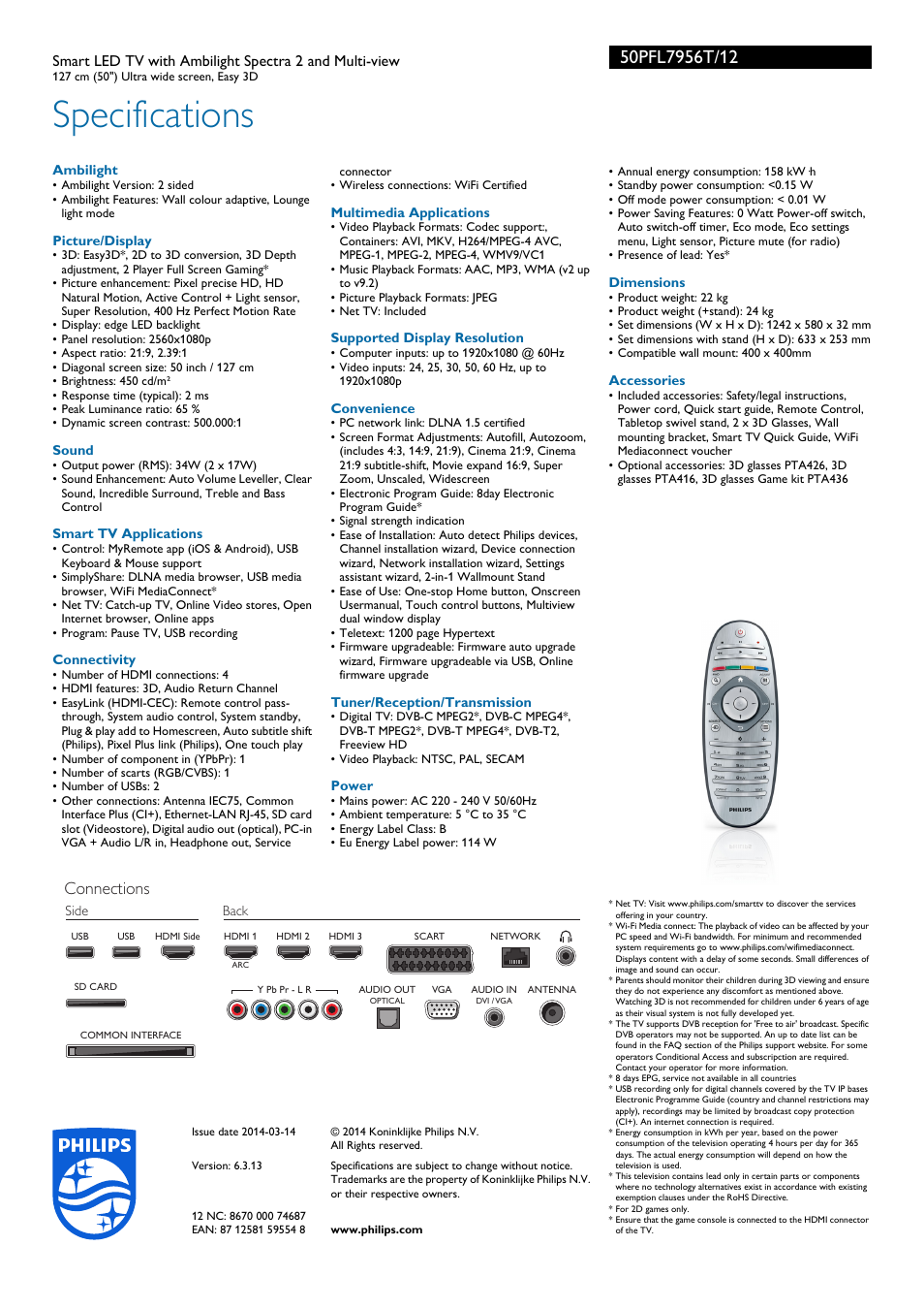 Specifications, Connections | Philips Cinema 219 Gold Series Smart LED TV 50PFL7956T 127 cm 50" Ultra wide screen Easy 3D with Ambilight Spectra 2 and Multi-view User Manual | Page 3 / 3