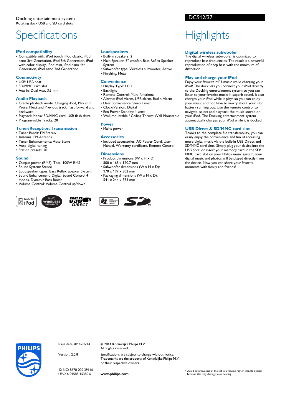 Specifications, Highlights | Philips DC912-37B User Manual | Page 2 / 2