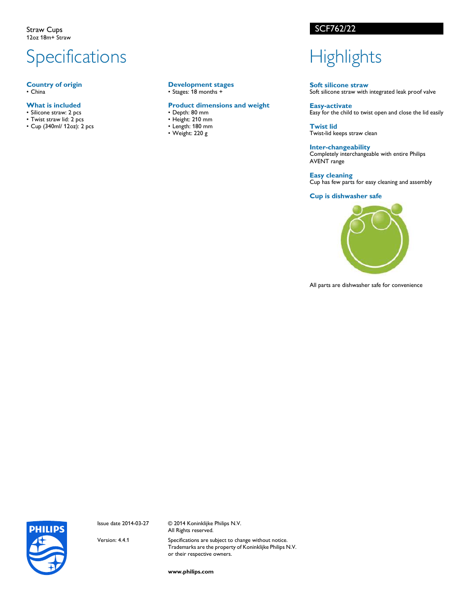 Specifications, Highlights | Philips SCF762-22 User Manual | Page 2 / 2
