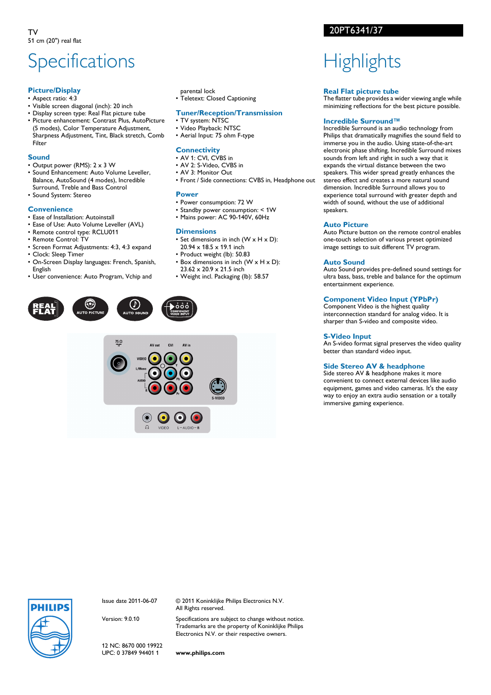 Specifications, Highlights | Philips 20PT6341-37 User Manual | Page 2 / 2