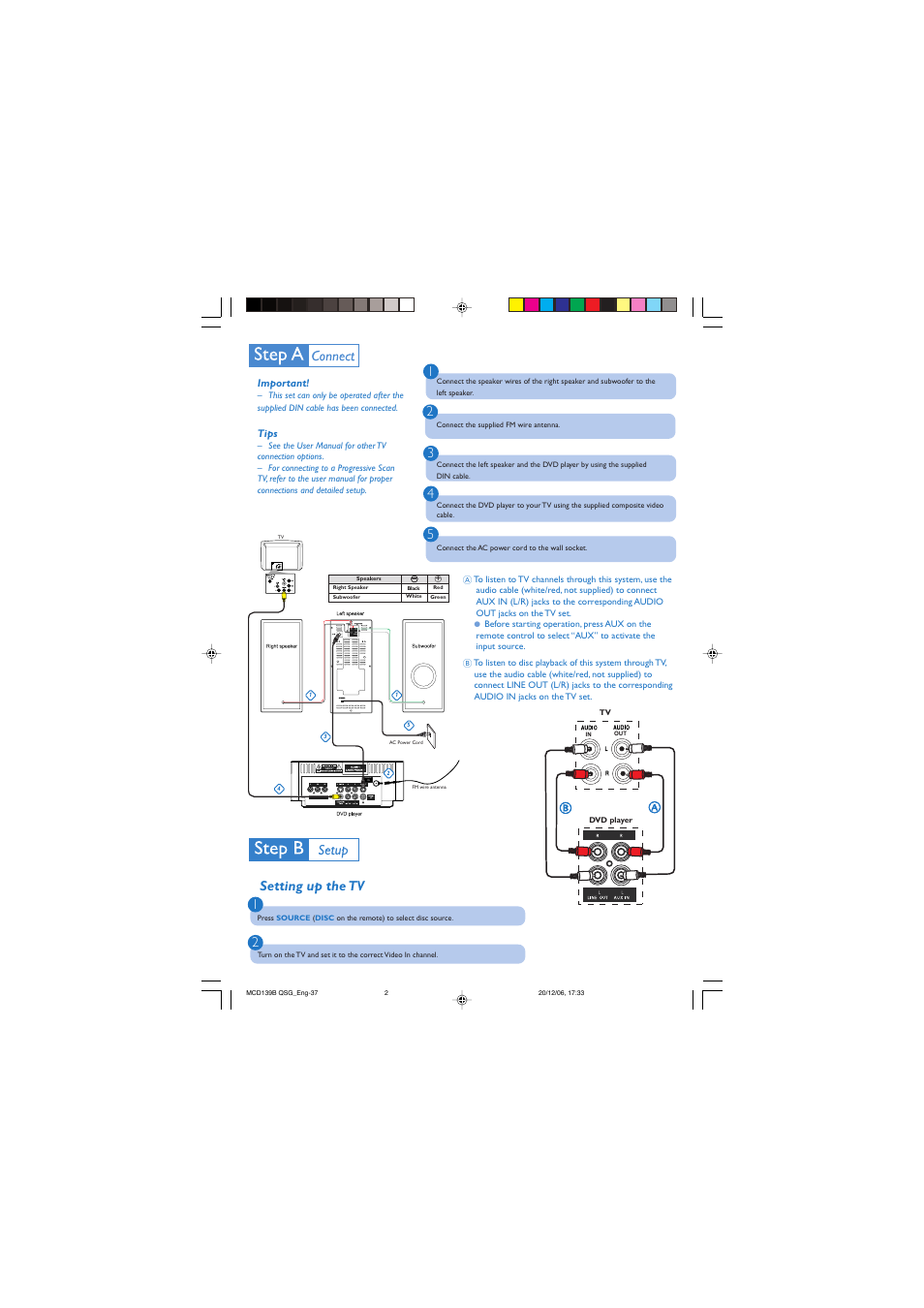 Antenna fm (75 ω), Setting up the tv | Philips MCD139B-37B User Manual | Page 2 / 4