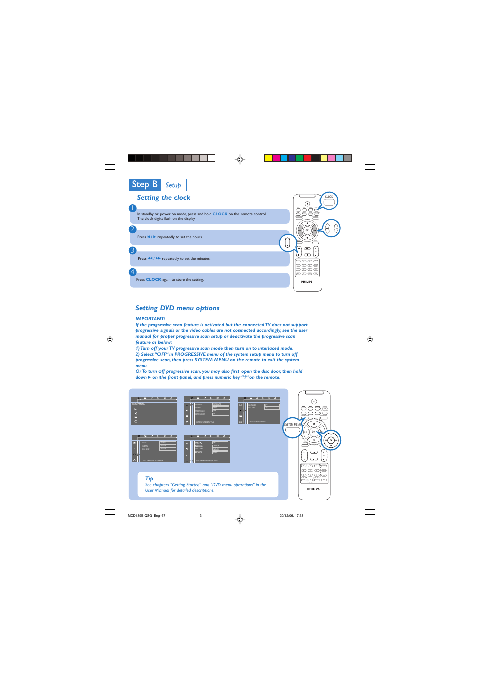 Setting dvd menu options, Setting the clock 1 2 3 4, Press clock again to store the setting | Philips MCD139B-37B User Manual | Page 3 / 4