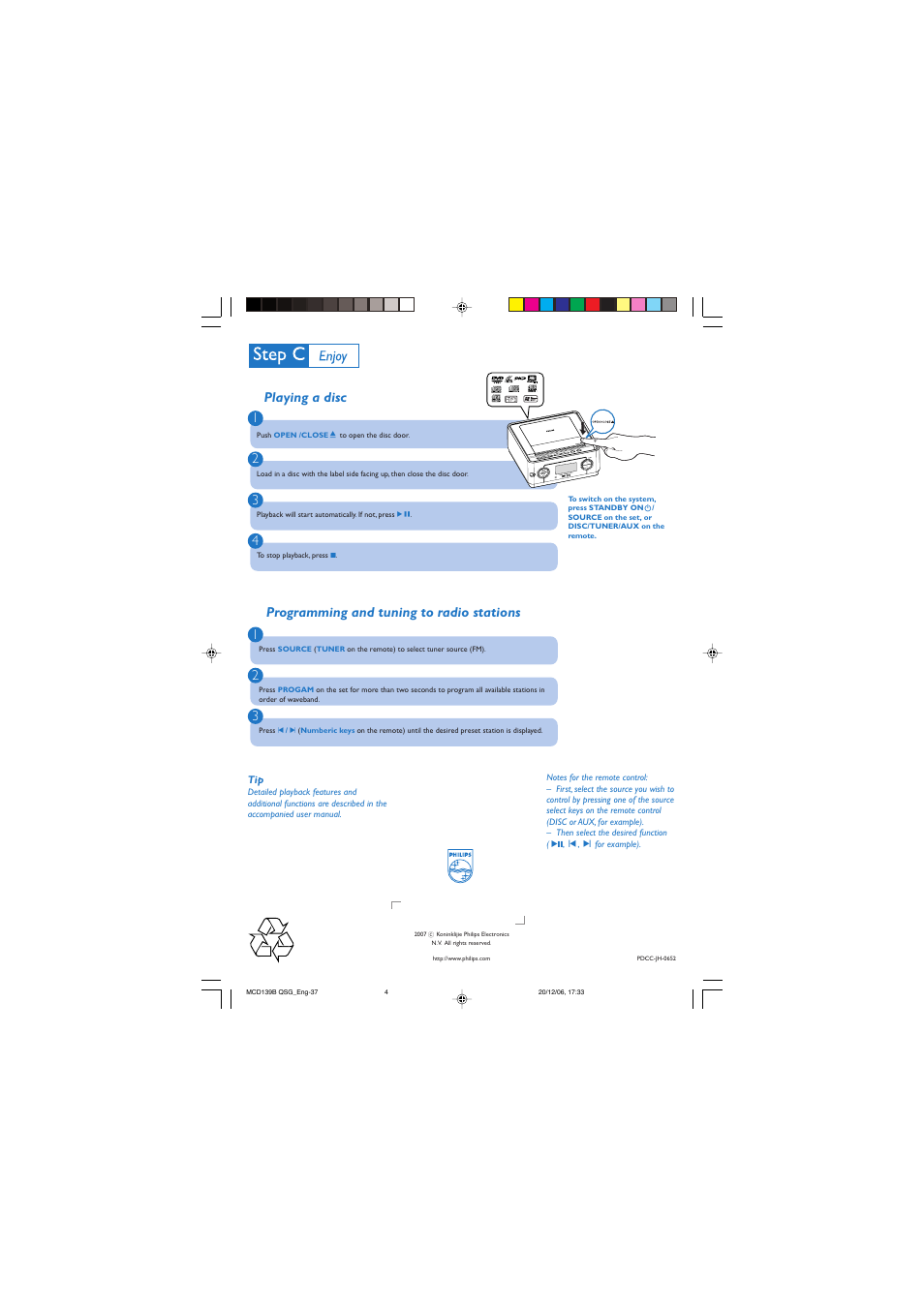 Playing a disc 1 2 3 4, Programming and tuning to radio stations 1 2 3, Tunin g 3 | Philips MCD139B-37B User Manual | Page 4 / 4