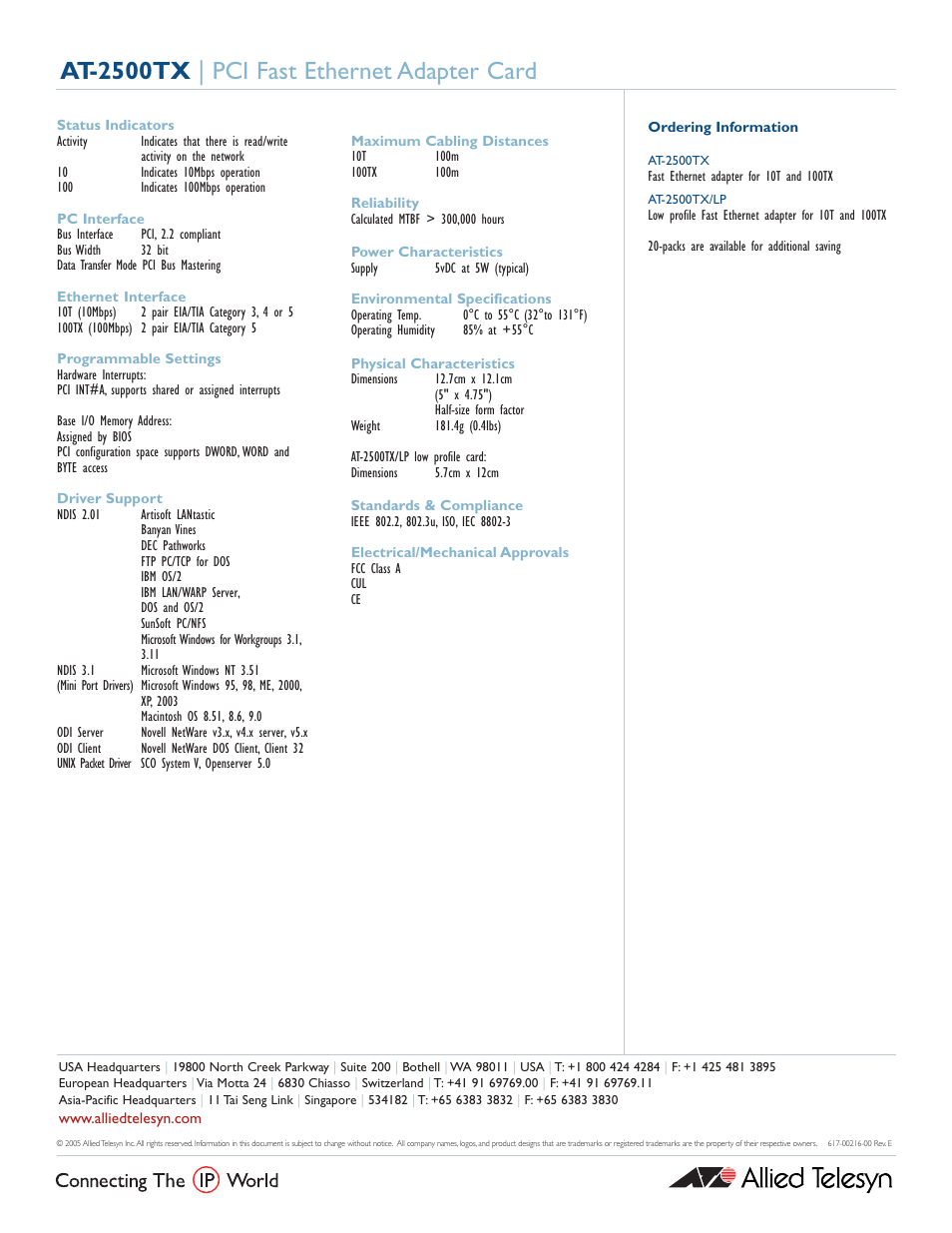 At-2500tx | pci fast ethernet adapter card | Allied Telesis AT-2500TX User Manual | Page 2 / 2