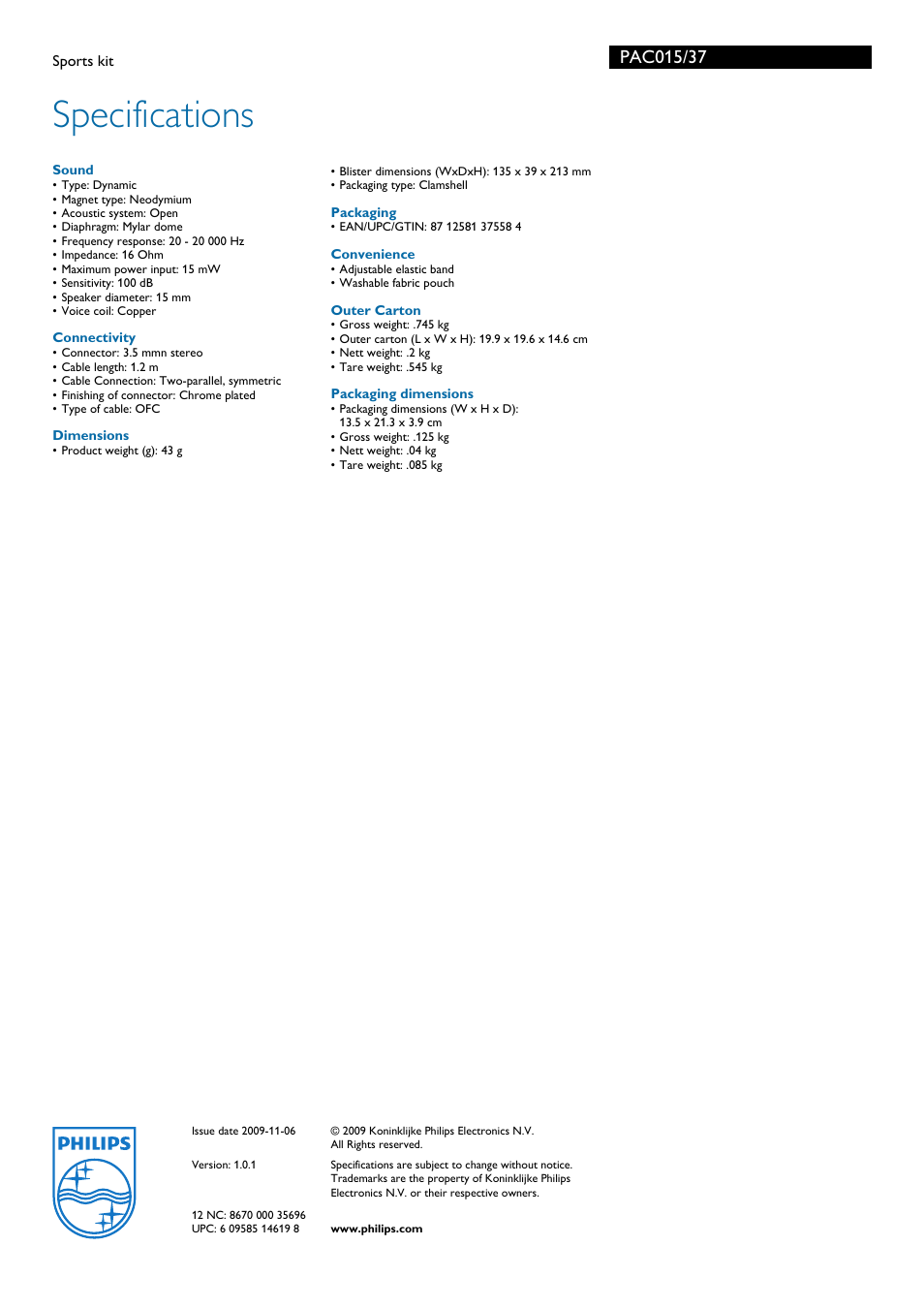 Specifications | Philips PAC015-37 User Manual | Page 2 / 2