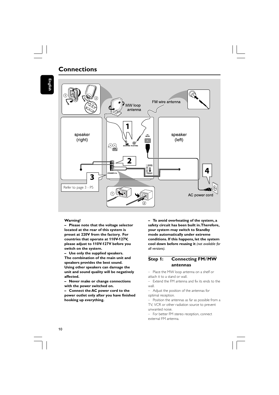 Connections, Step 1: connecting fm / mw antennas | Philips MCM590-37B User Manual | Page 10 / 26