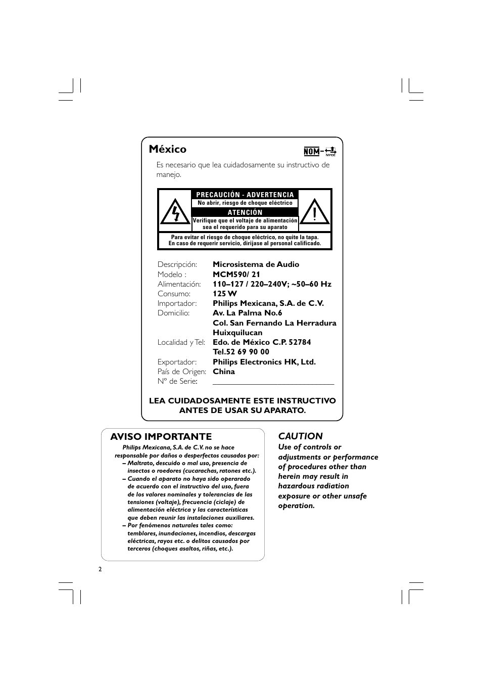 México, Caution, Aviso importante | Philips MCM590-37B User Manual | Page 2 / 26