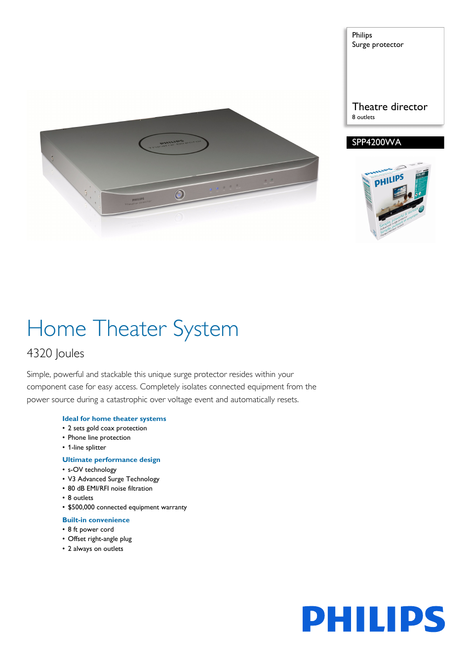 Philips Surge protector SPP4200WA Theatre director 8 outlets User Manual | 2 pages