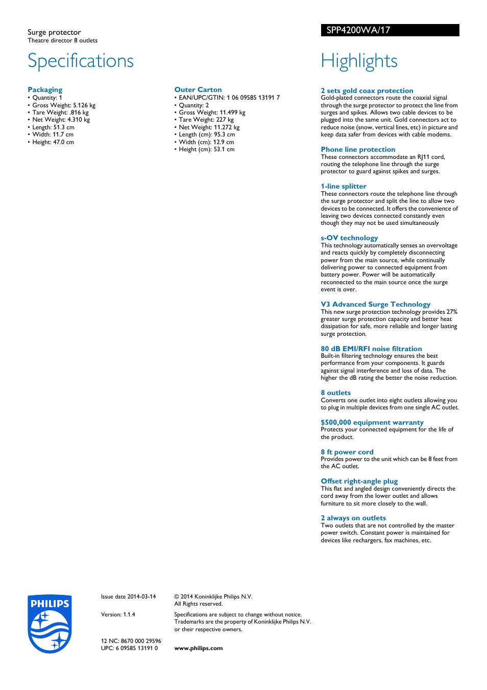 Specifications, Highlights | Philips Surge protector SPP4200WA Theatre director 8 outlets User Manual | Page 2 / 2