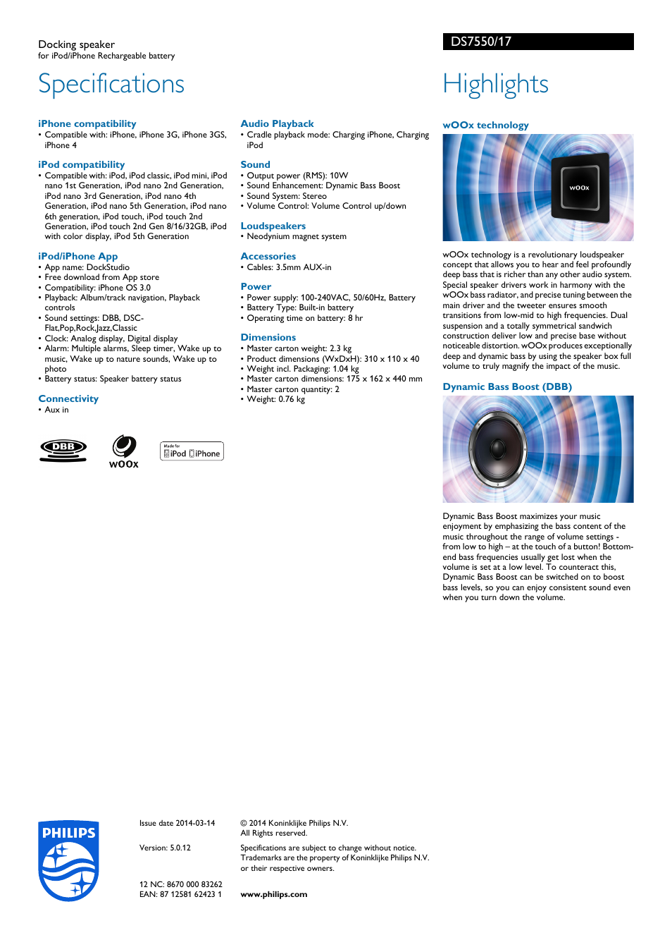 Specifications, Highlights | Philips DS7550-17 User Manual | Page 2 / 2