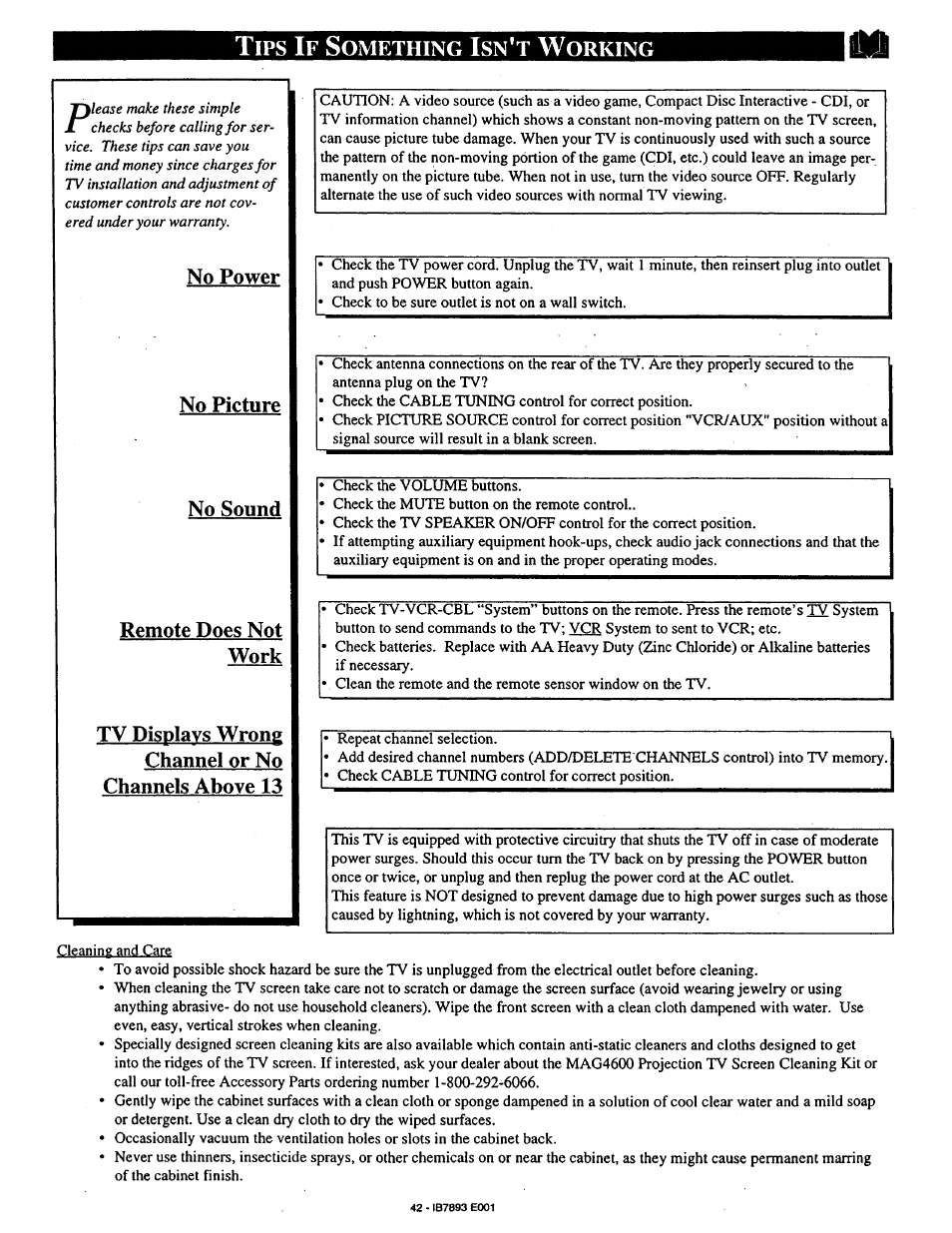 Tips if something isn't working, No power, No picture | No sound, Remote does not work, Tv displays wrong channel or no channels above 13, Tips if something isn’t working | Philips 7P4830W199 User Manual | Page 42 / 46