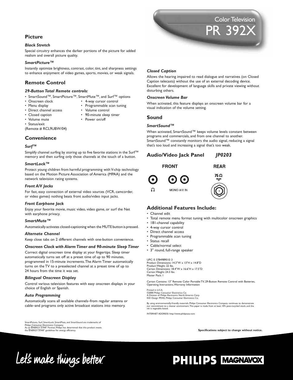 Pr 1 392x, Color television, Sound | Picture, Remote control, Convenience | Philips PR1392X User Manual | Page 2 / 2