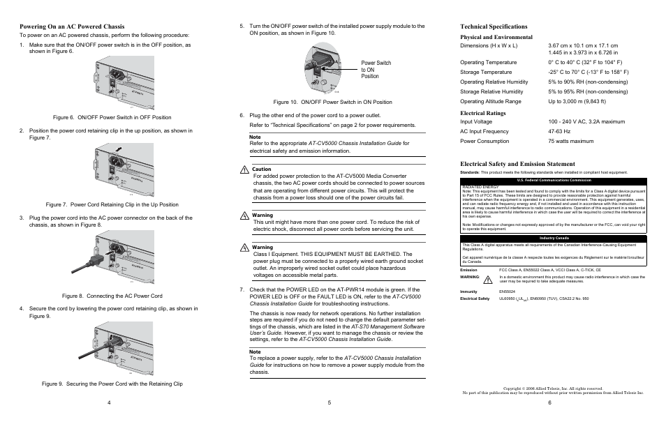 Powering on an ac powered chassis, Technical specifications, Electrical safety and emission statement | Power switch to on position, Physical and environmental, Electrical ratings | Allied Telesis AT-PWR14 User Manual | Page 2 / 2