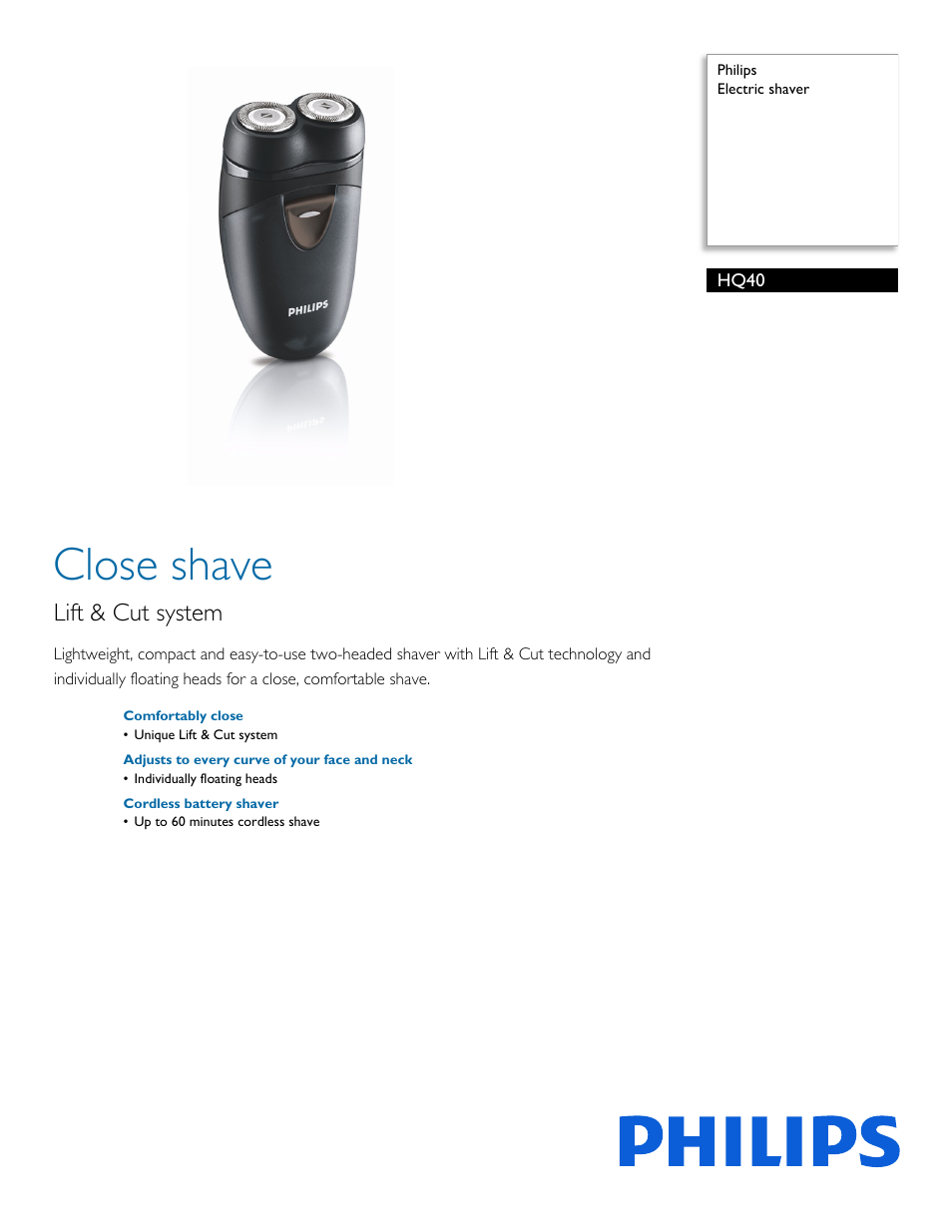 Philips Electric shaver HQ40 User Manual | 2 pages