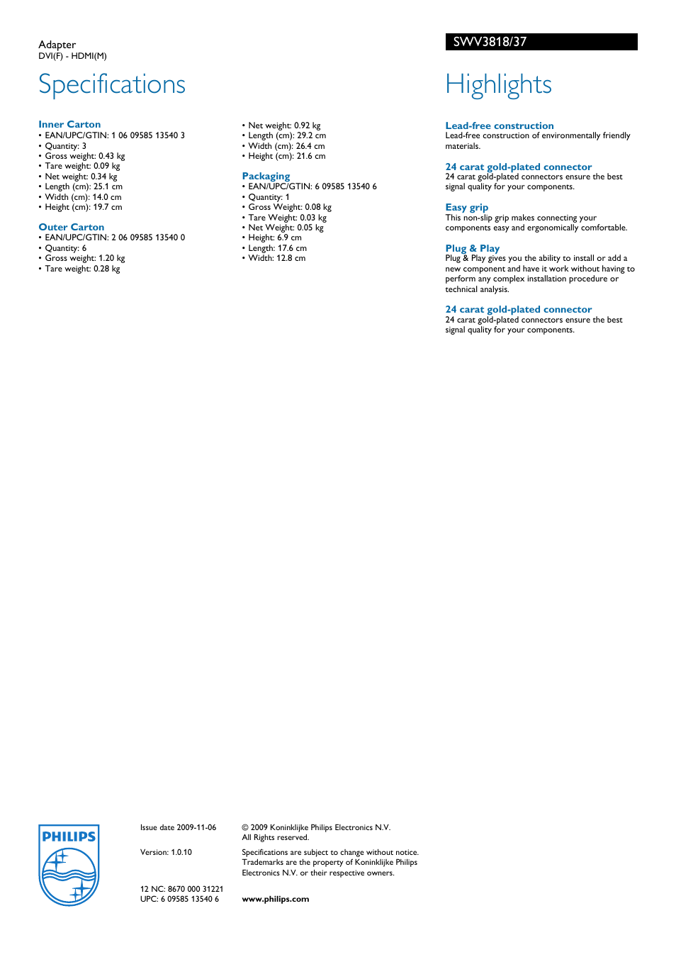 Specifications, Highlights | Philips SWV3818-37 User Manual | Page 2 / 2