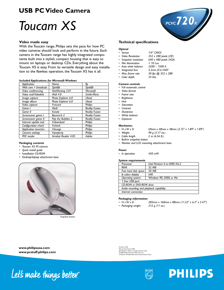 Toucam xs, Usb pc video camera, Pcvc | Kpcvc | Philips PCVC720K99 User Manual | Page 2 / 2