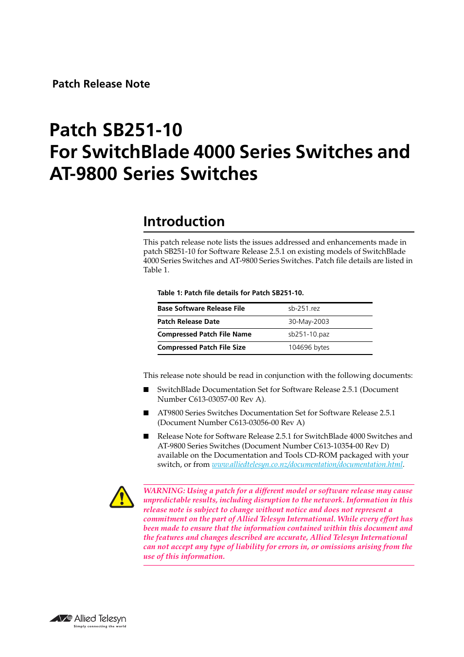 Allied Telesis SB251-10 User Manual | 14 pages