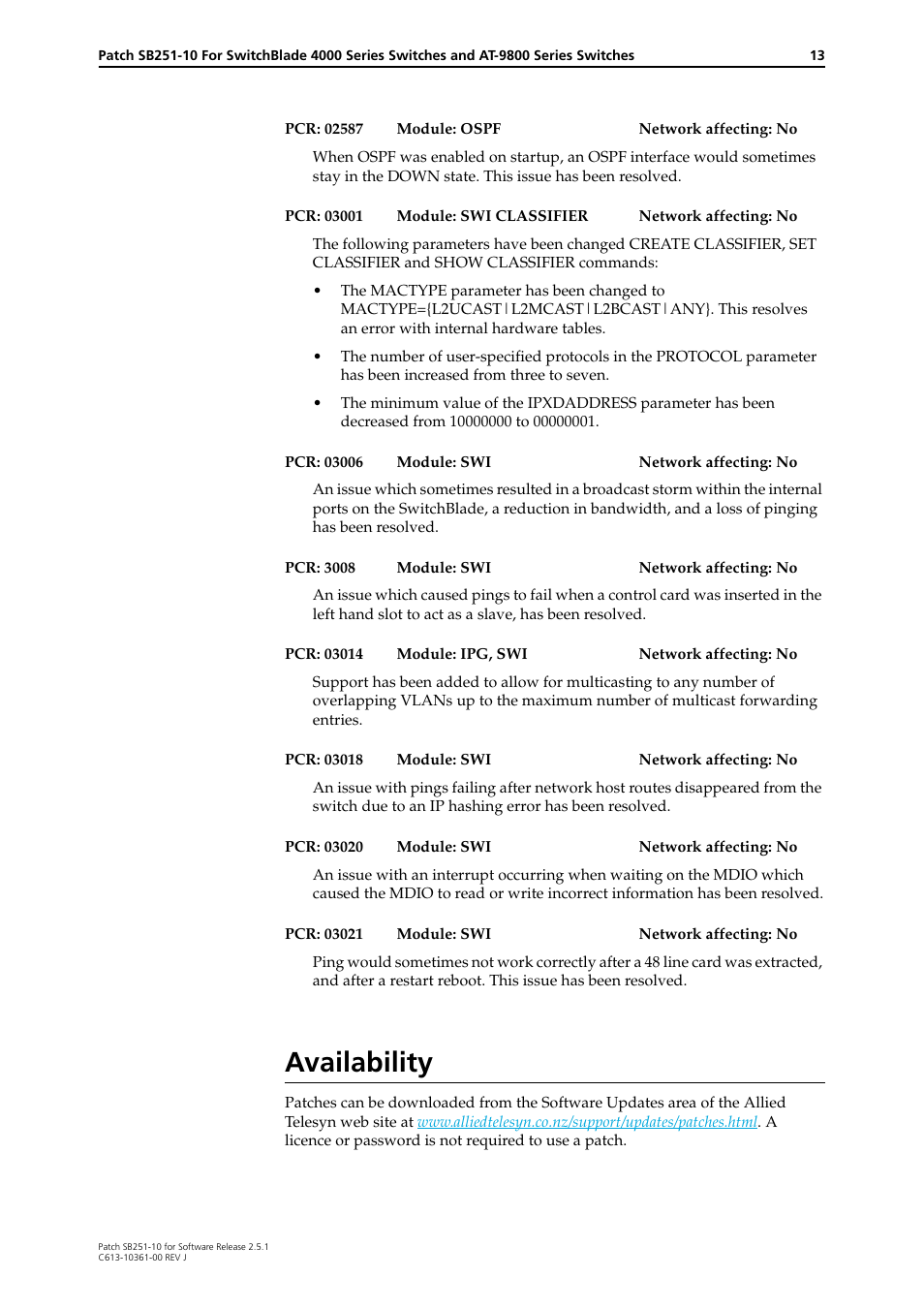 Availability | Allied Telesis SB251-10 User Manual | Page 13 / 14