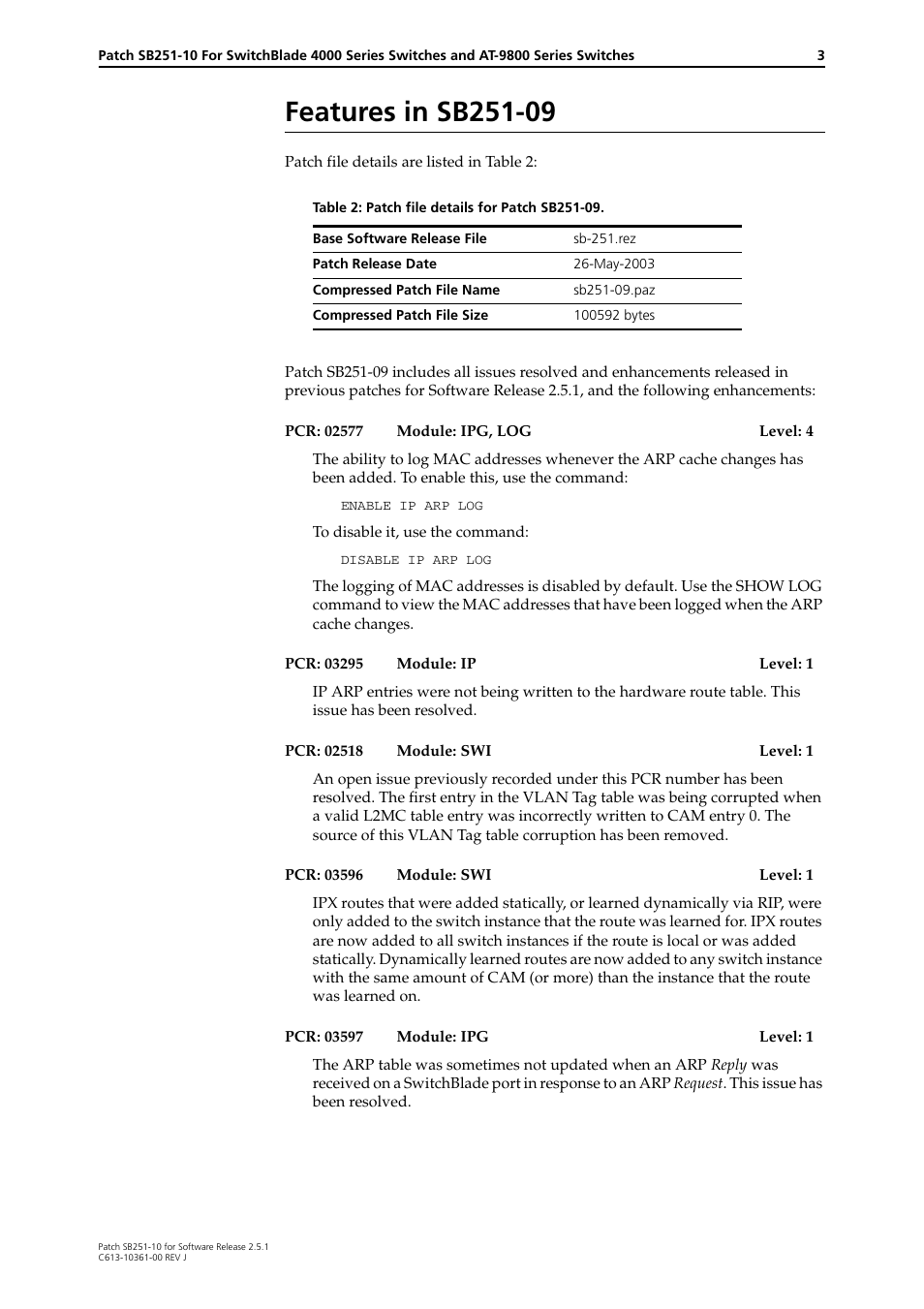 Features in sb251-09 | Allied Telesis SB251-10 User Manual | Page 3 / 14