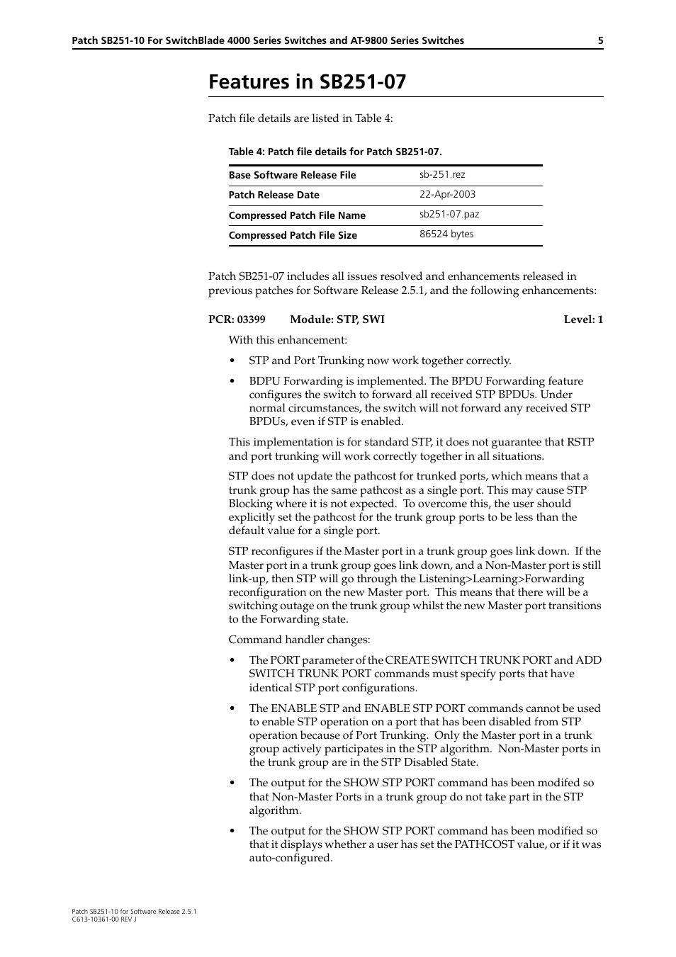 Features in sb251-07 | Allied Telesis SB251-10 User Manual | Page 5 / 14