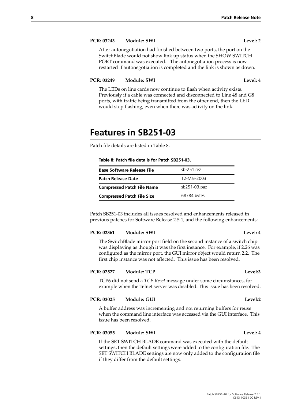Features in sb251-03 | Allied Telesis SB251-10 User Manual | Page 8 / 14