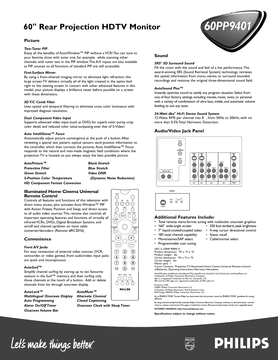60" rear projection hdtv monitor | Philips 60PP9401 User Manual | Page 2 / 2