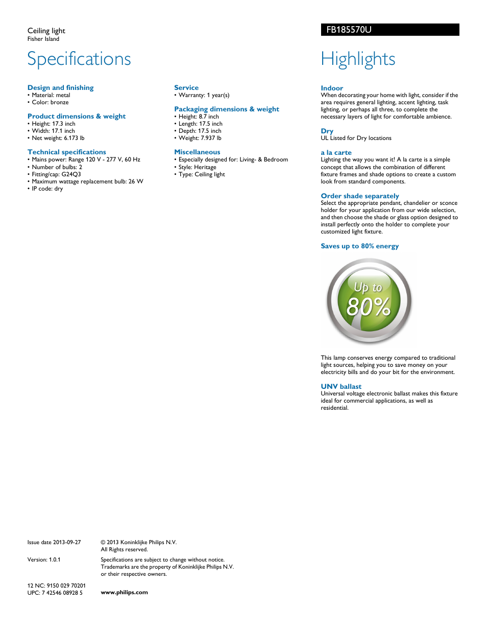 Specifications, Highlights | Philips FB185570U User Manual | Page 2 / 2