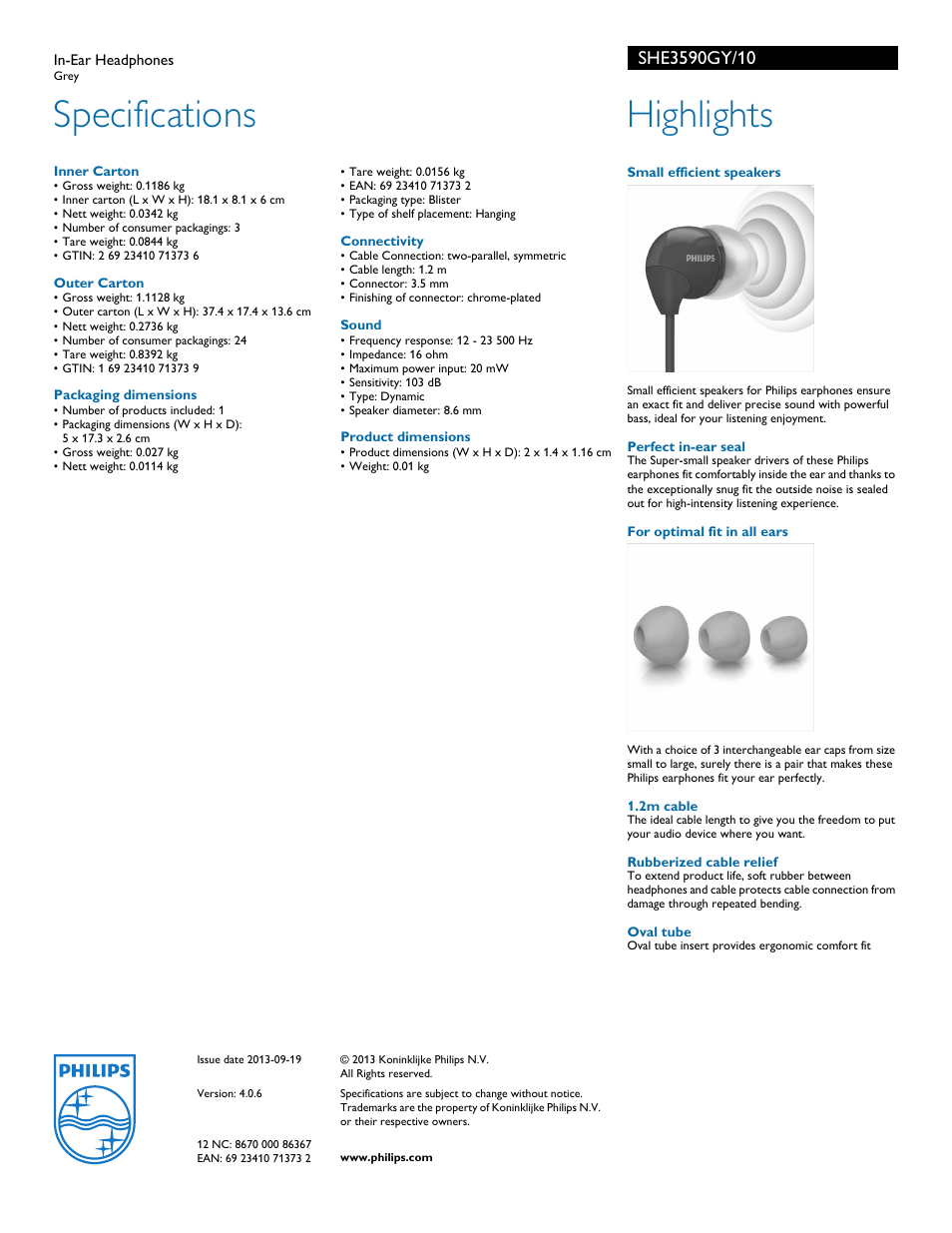 Specifications, Highlights | Philips SHE3590GY-10 User Manual | Page 2 / 2