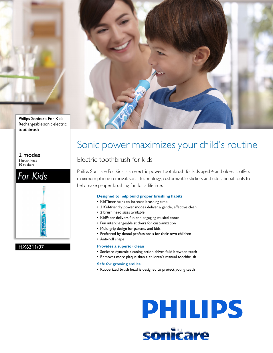 Philips Sonicare For Kids Rechargeable sonic electric toothbrush HX6311-07 2 modes 1 brush head User Manual | 3 pages