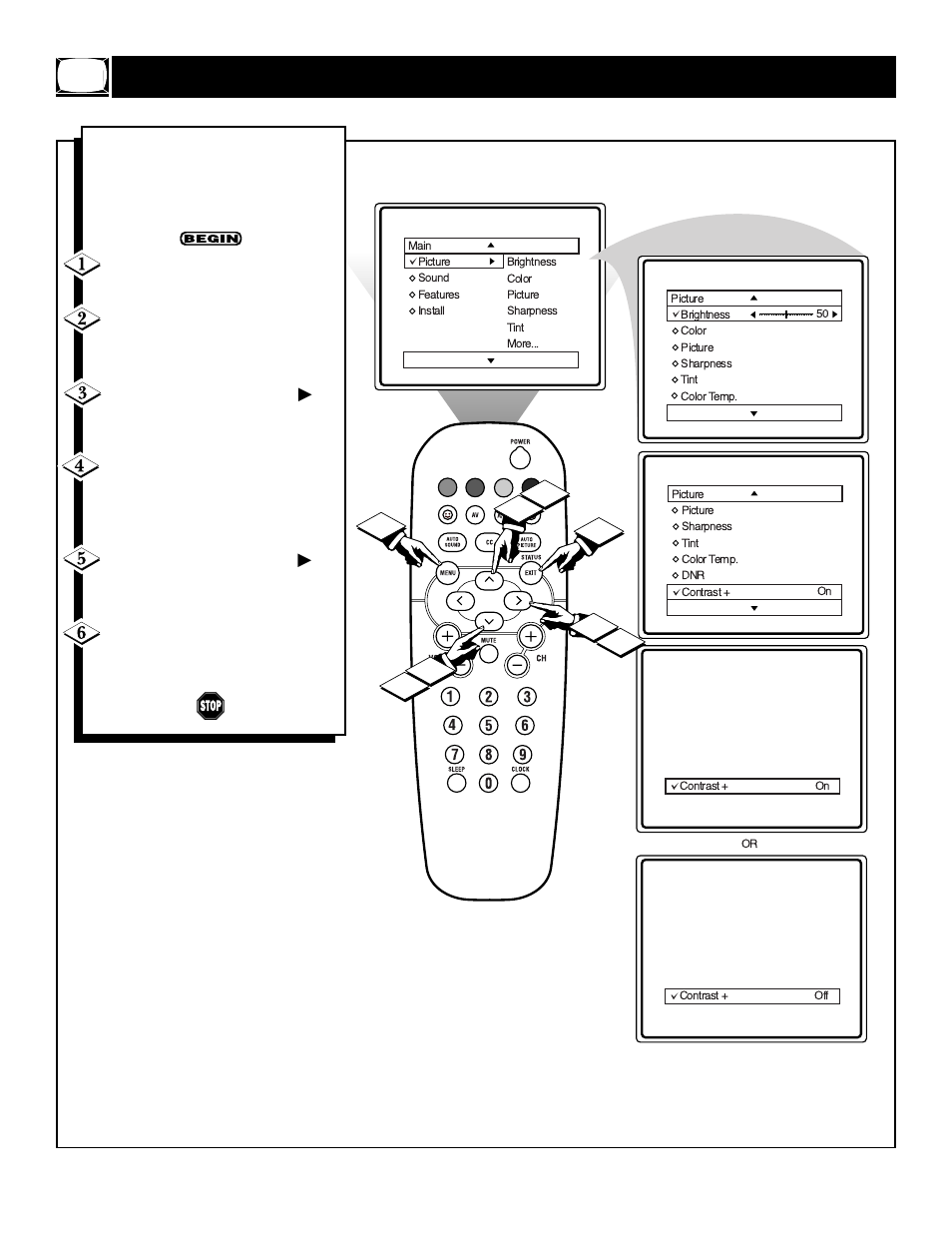 Ow to, Se the, Ontrast | Lack, Tretch, Ontrol | Philips 19PS45S User Manual | Page 16 / 40