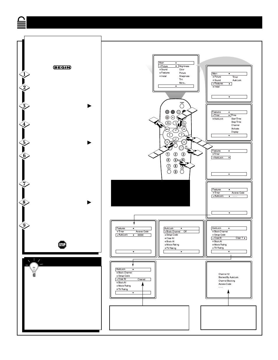 Ow to, Lear, Locked | Hannels at the | Philips 19PS45S User Manual | Page 24 / 40