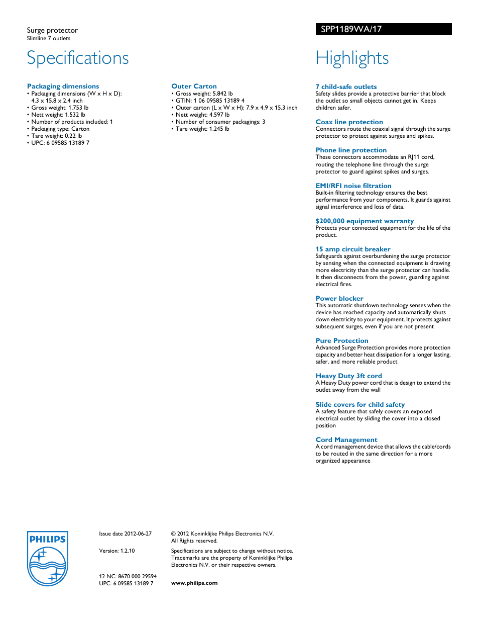 Specifications, Highlights | Philips SPP1189WA-17 User Manual | Page 2 / 2