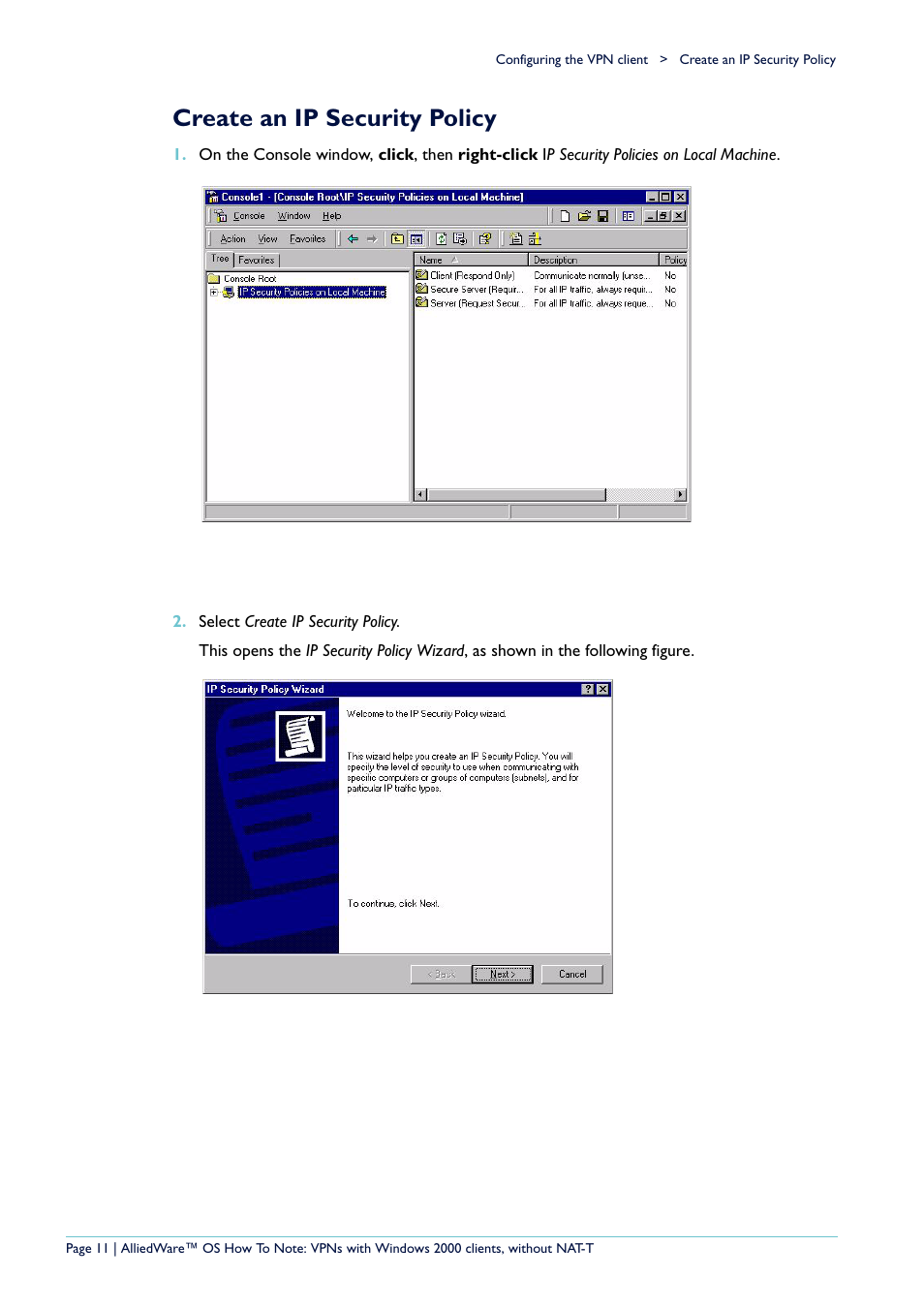 Create an ip security policy | Allied Telesis VPN User Manual | Page 11 / 29