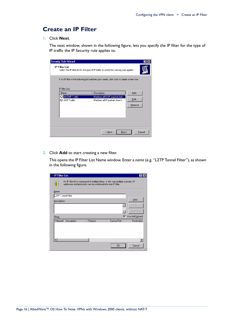 Create an ip filter | Allied Telesis VPN User Manual | Page 16 / 29