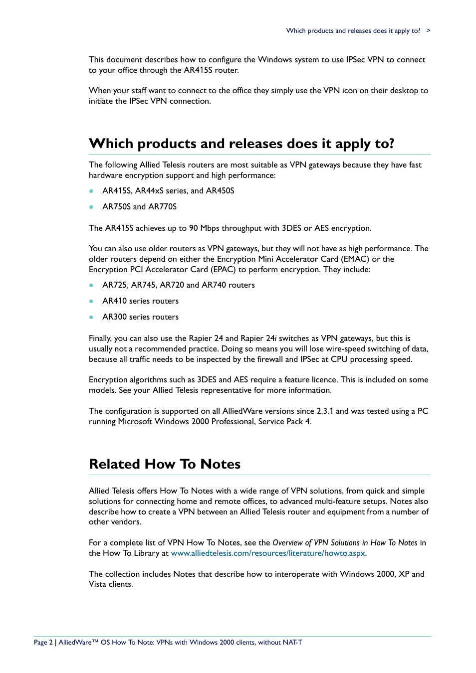 Which products and releases does it apply to, Related how to notes | Allied Telesis VPN User Manual | Page 2 / 29