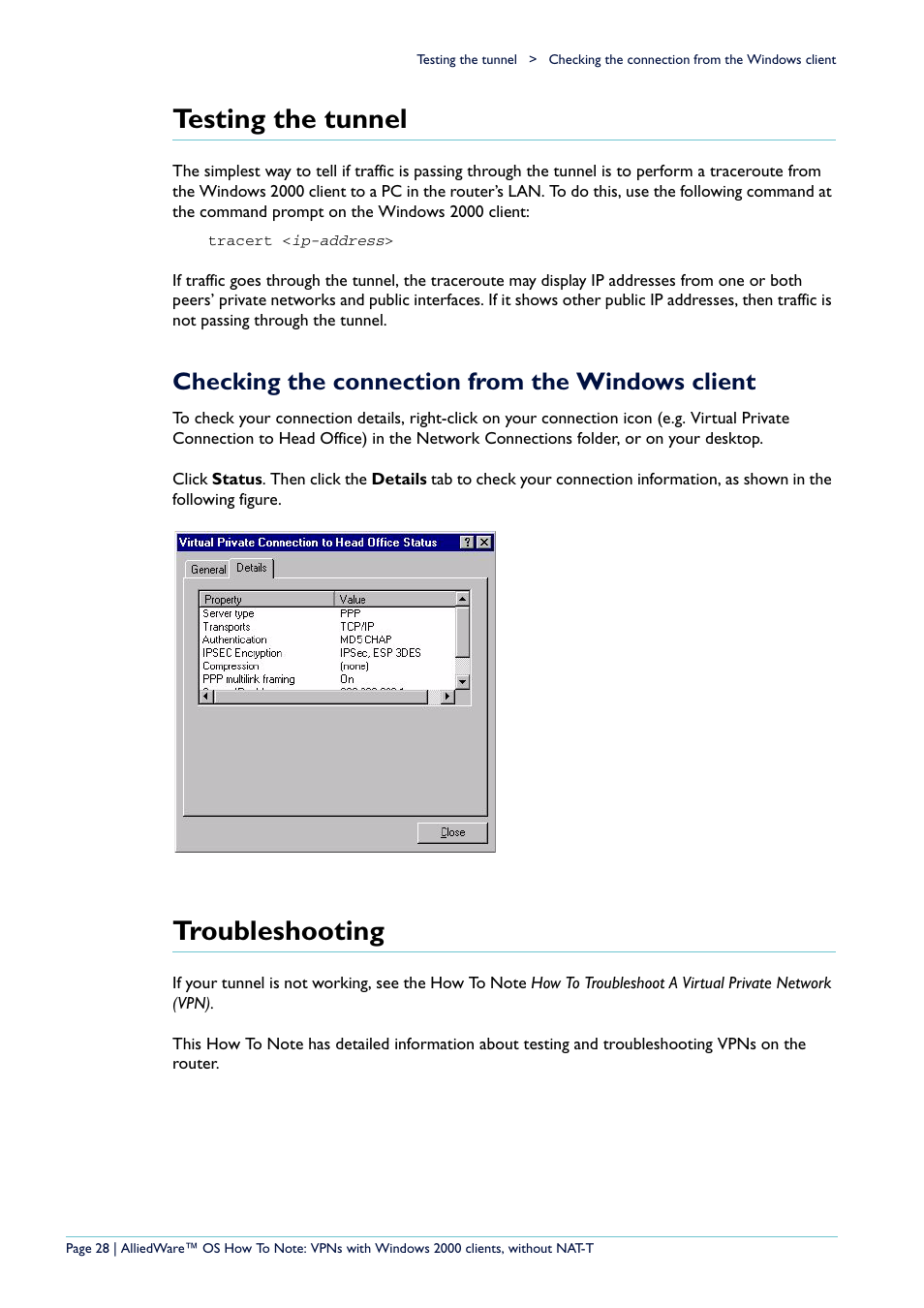 Testing the tunnel, Checking the connection from the windows client, Troubleshooting | Allied Telesis VPN User Manual | Page 28 / 29