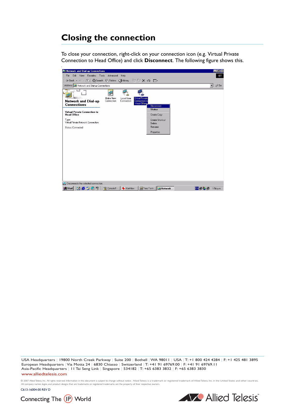 Closing the connection | Allied Telesis VPN User Manual | Page 29 / 29