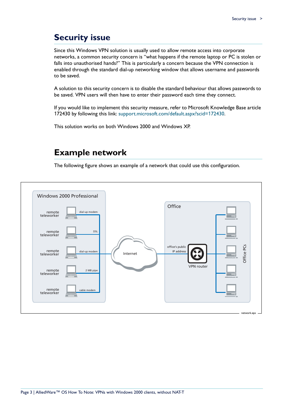 Security issue, Example network | Allied Telesis VPN User Manual | Page 3 / 29