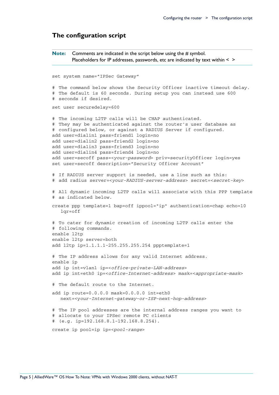 The configuration script | Allied Telesis VPN User Manual | Page 5 / 29